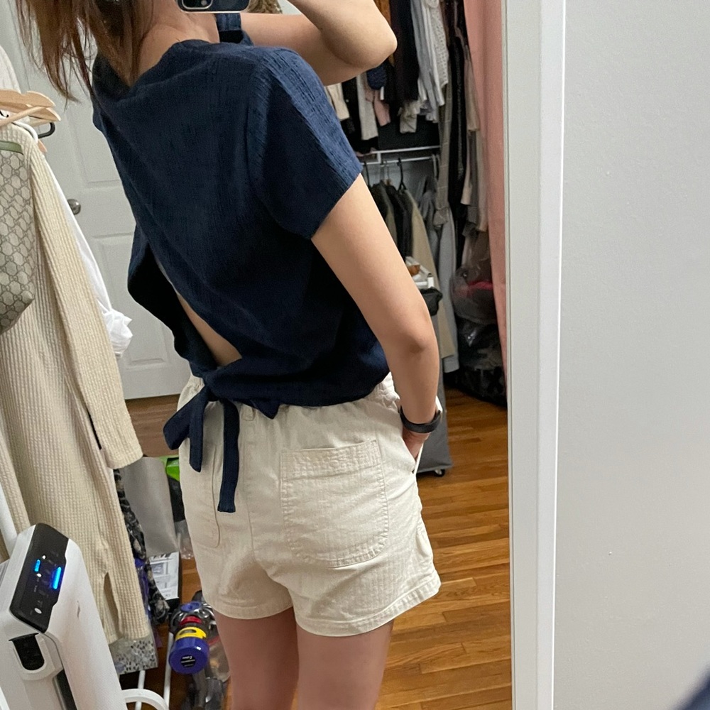Navy open-back, tie-back top